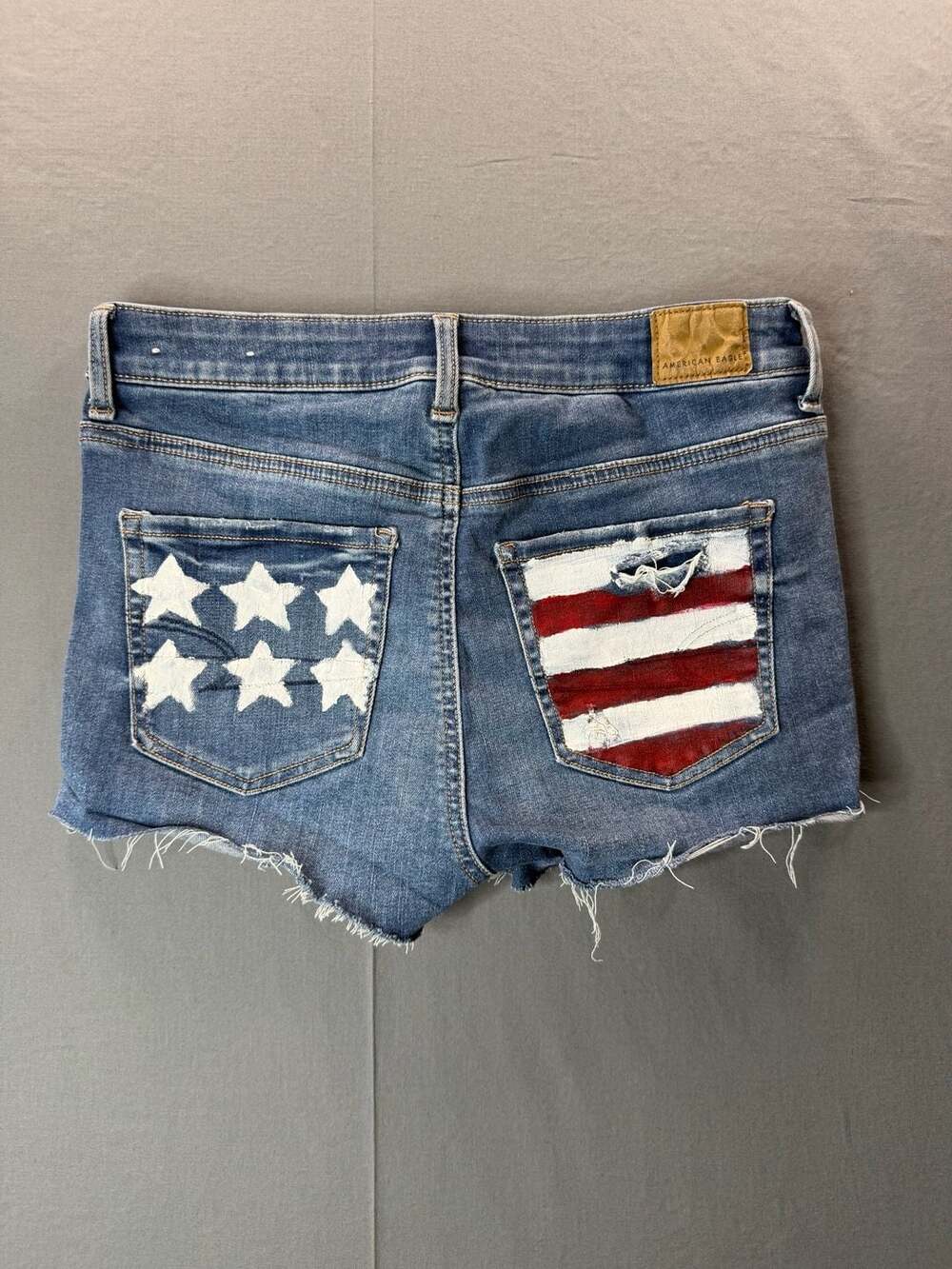 American Eagle Next Level Stretch Distressed American Flag Pocket Denim Shorts 2